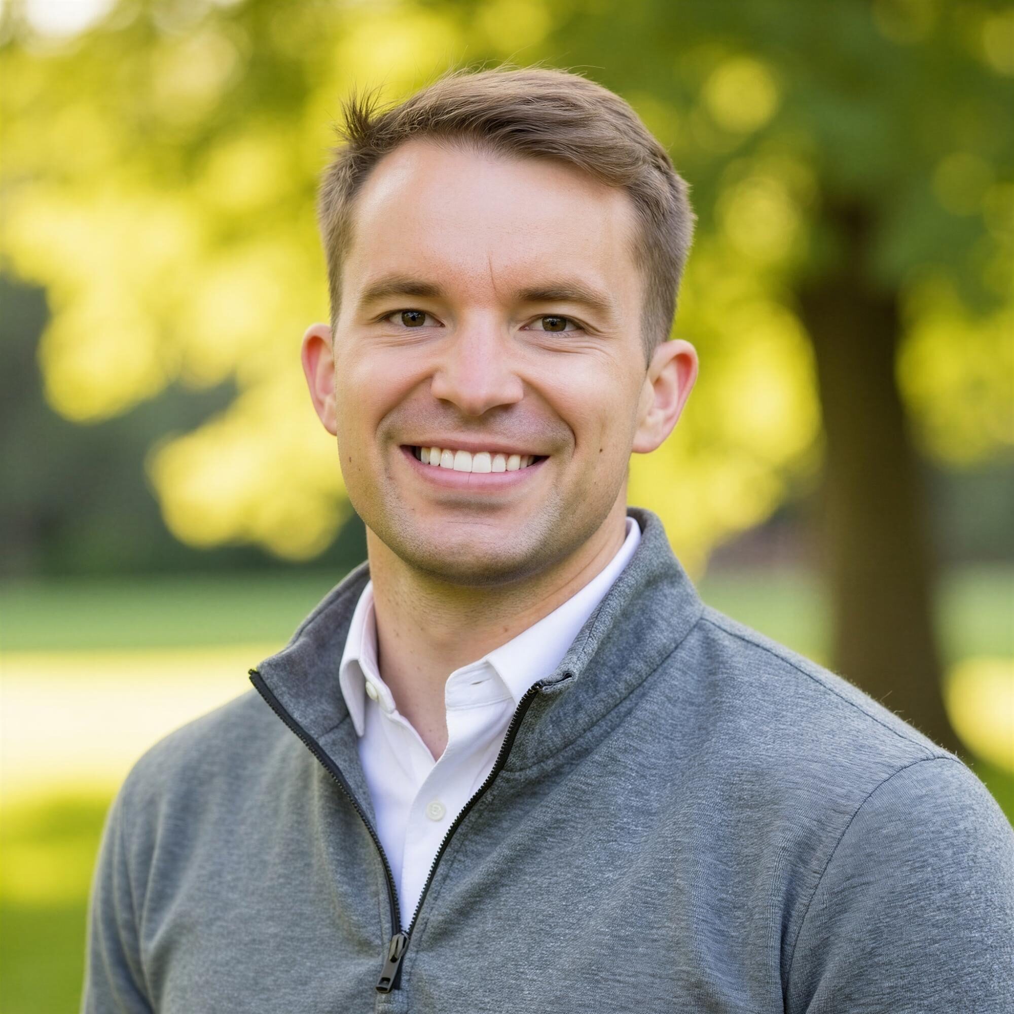 Dr. White smiling in a gray zip-up sweater, showcasing his confident smile against a natural outdoor backdrop, reflecting the patient-focused approach of White Orthodontics.